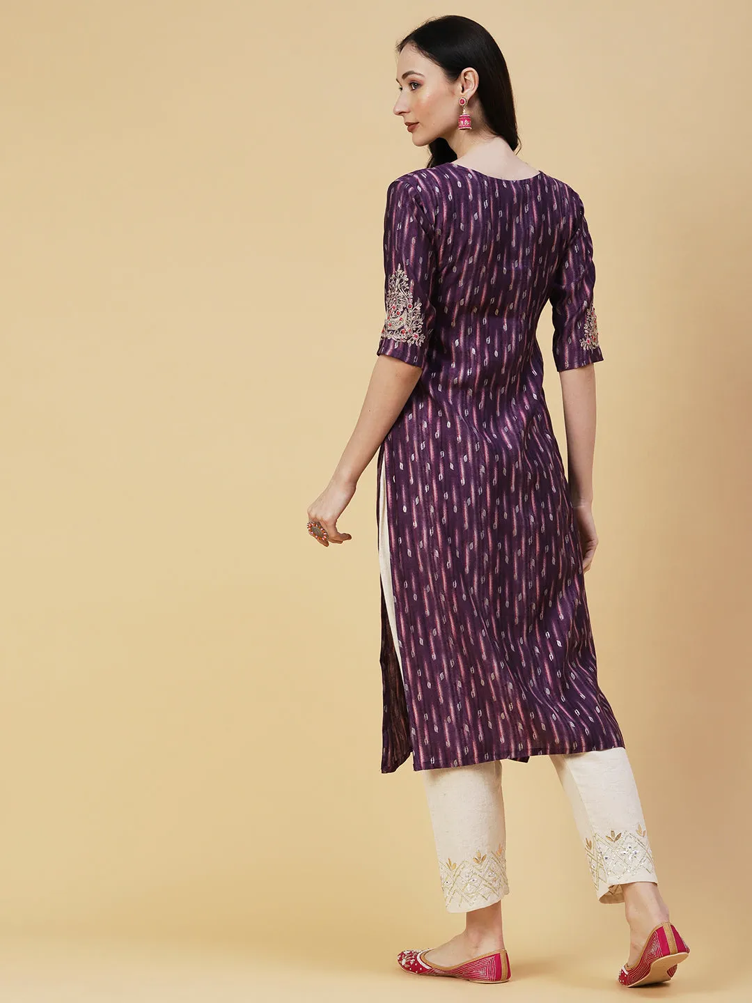 Abstract Foil Printed Zari & Resham Embroidered Kurta - Dark Mauve