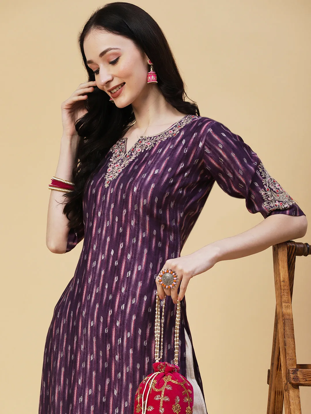 Abstract Foil Printed Zari & Resham Embroidered Kurta - Dark Mauve