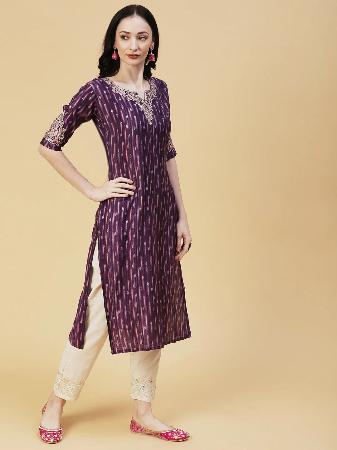 Abstract Foil Printed Zari & Resham Embroidered Kurta - Dark Mauve