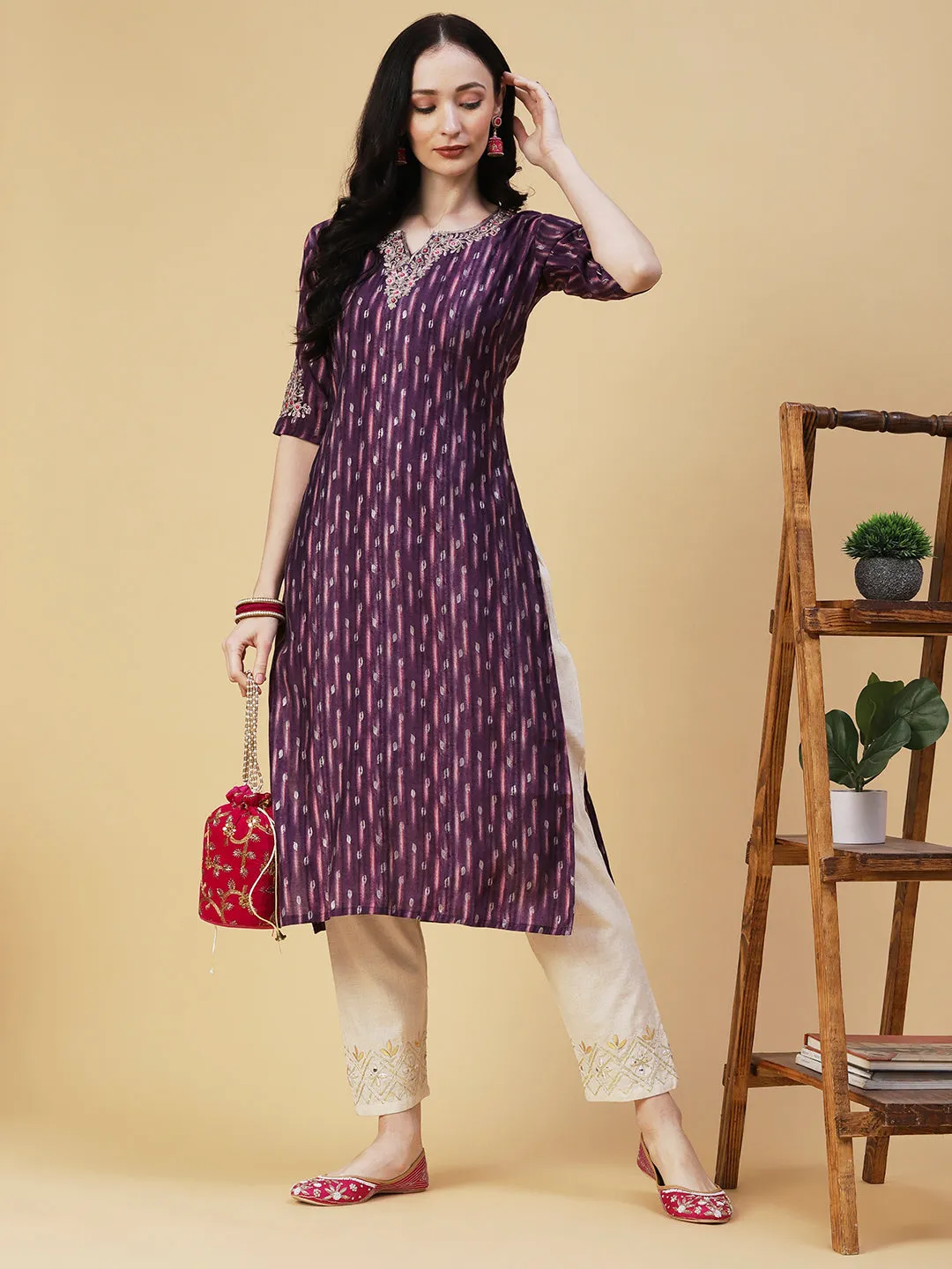 Abstract Foil Printed Zari & Resham Embroidered Kurta - Dark Mauve