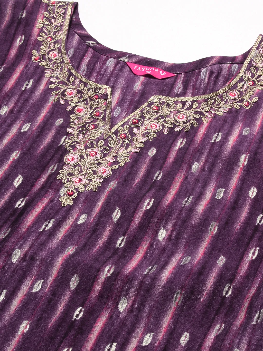 Abstract Foil Printed Zari & Resham Embroidered Kurta - Dark Mauve