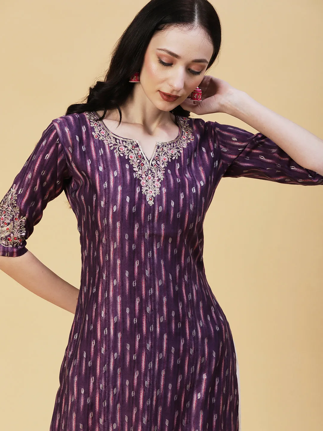 Abstract Foil Printed Zari & Resham Embroidered Kurta - Dark Mauve