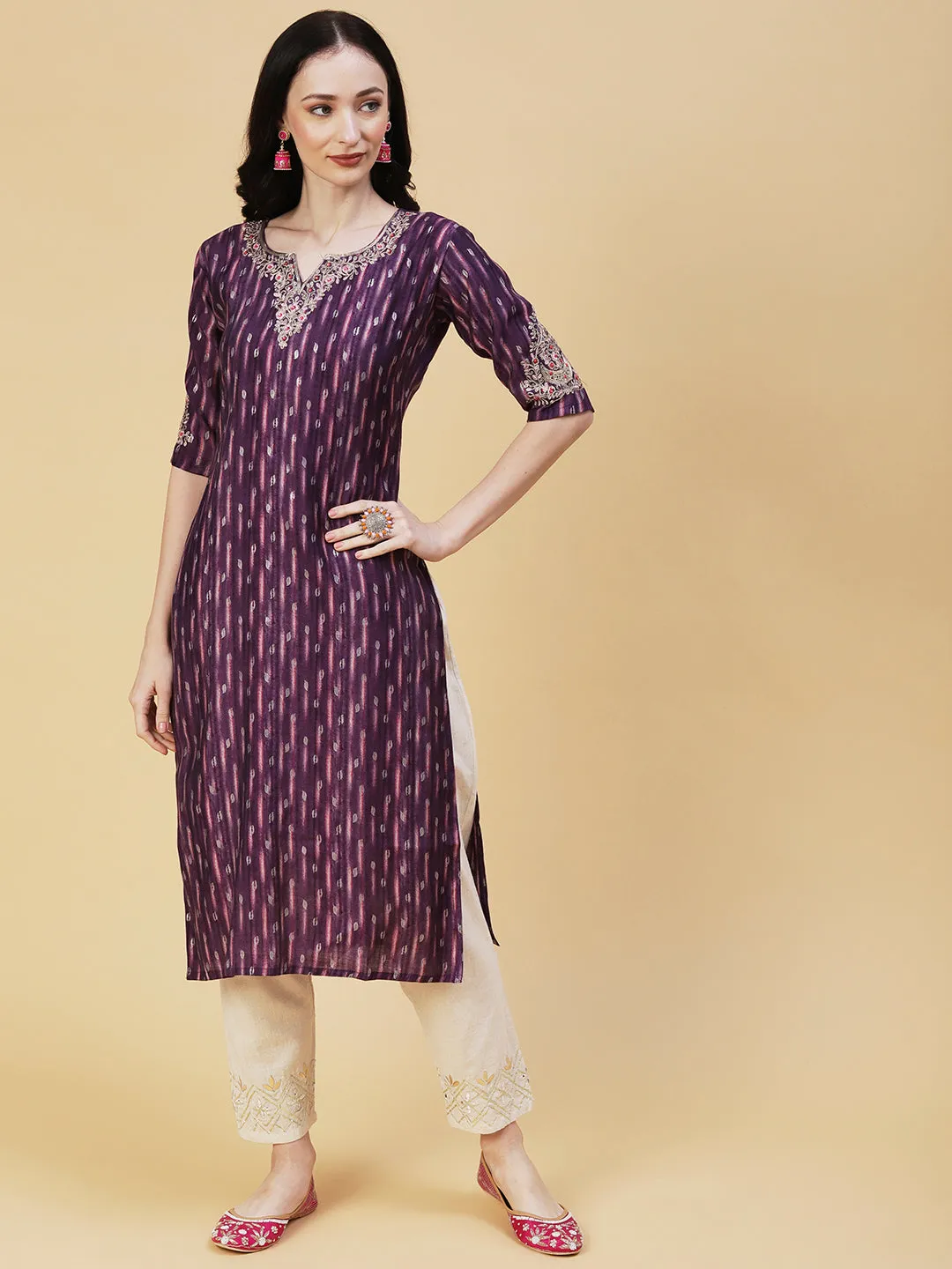 Abstract Foil Printed Zari & Resham Embroidered Kurta - Dark Mauve