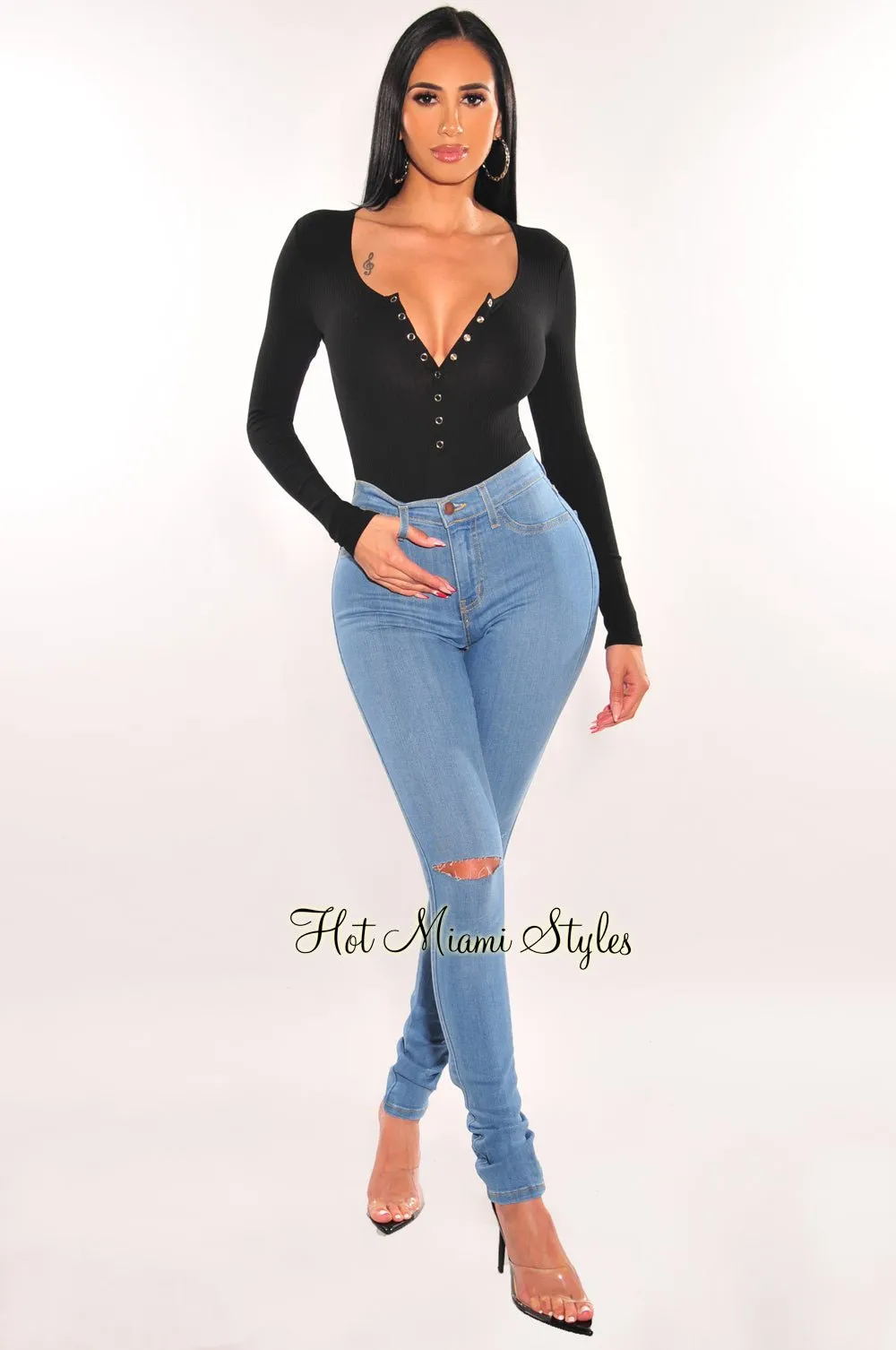 Black Ribbed Round Neck Long Sleeve Snap Button Up Bodysuit