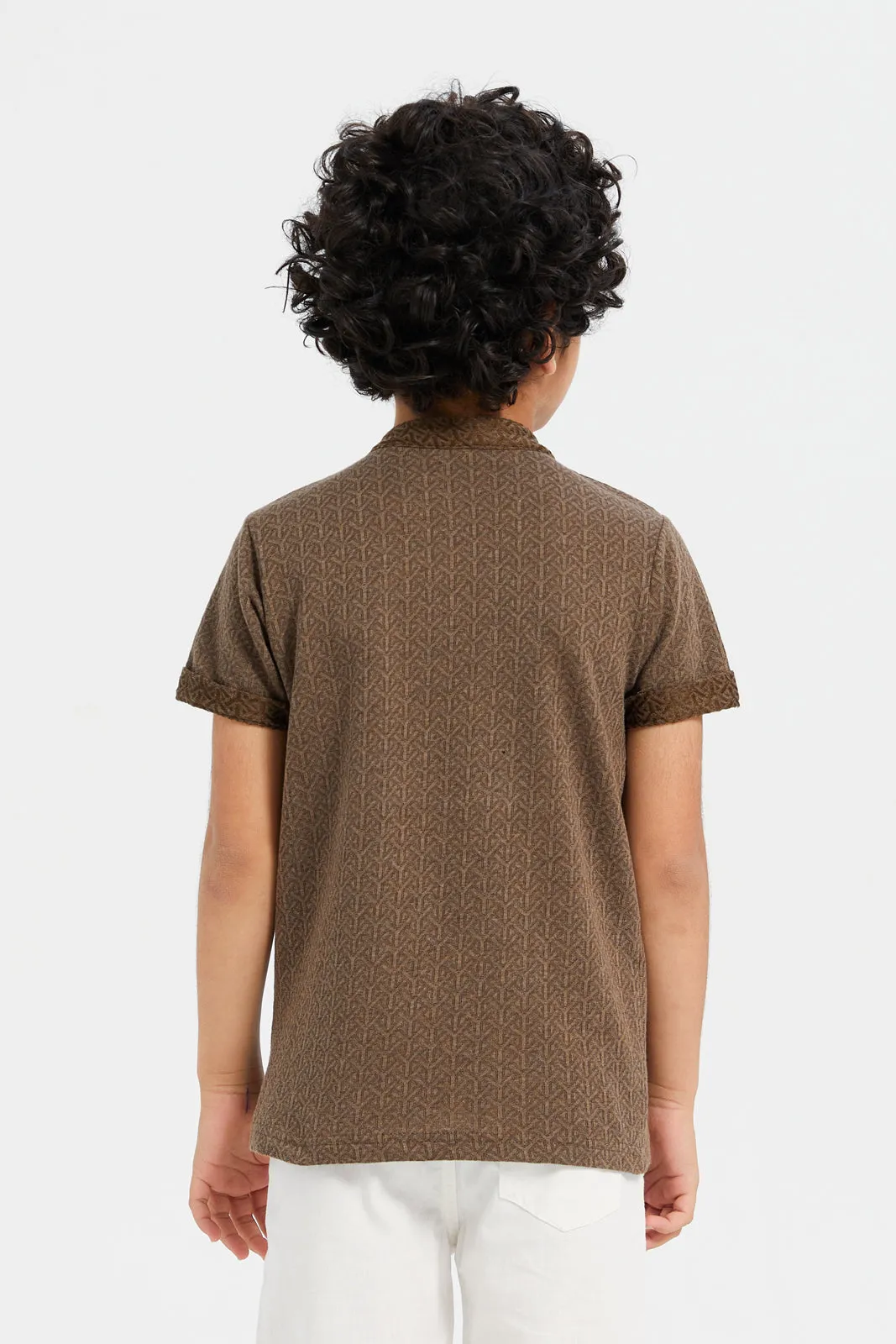 Boys Brown Henley Jacquard Short Sleeve T-Shirt