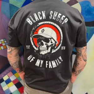 Custom "Black Sheep of My Family" T-Shirt with Skull & Cap Design - Personalise with Birth Year - Ideal for Skaters, Surfers & Bikers - Basement Designs