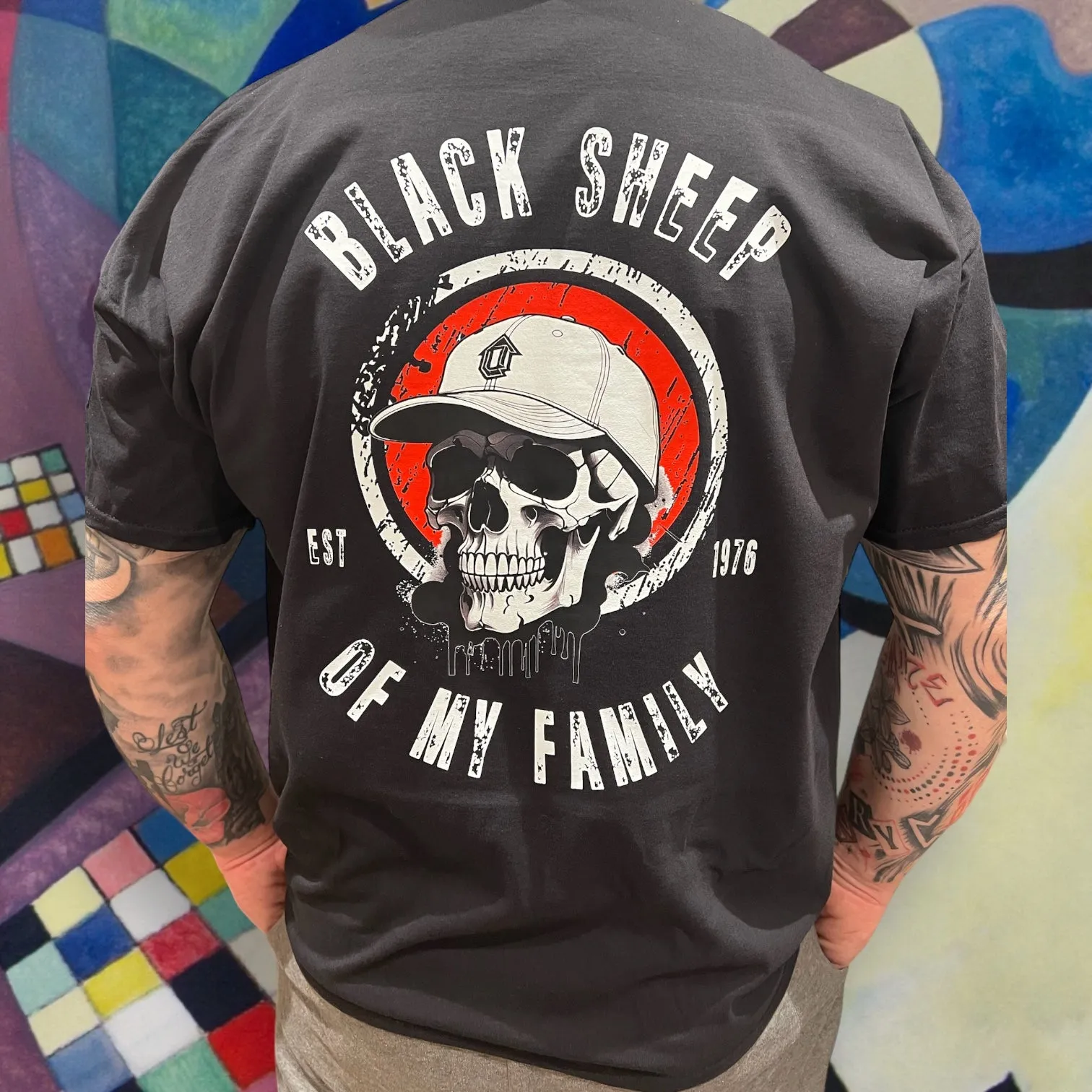 Custom "Black Sheep of My Family" T-Shirt with Skull & Cap Design - Personalise with Birth Year - Ideal for Skaters, Surfers & Bikers - Basement Designs