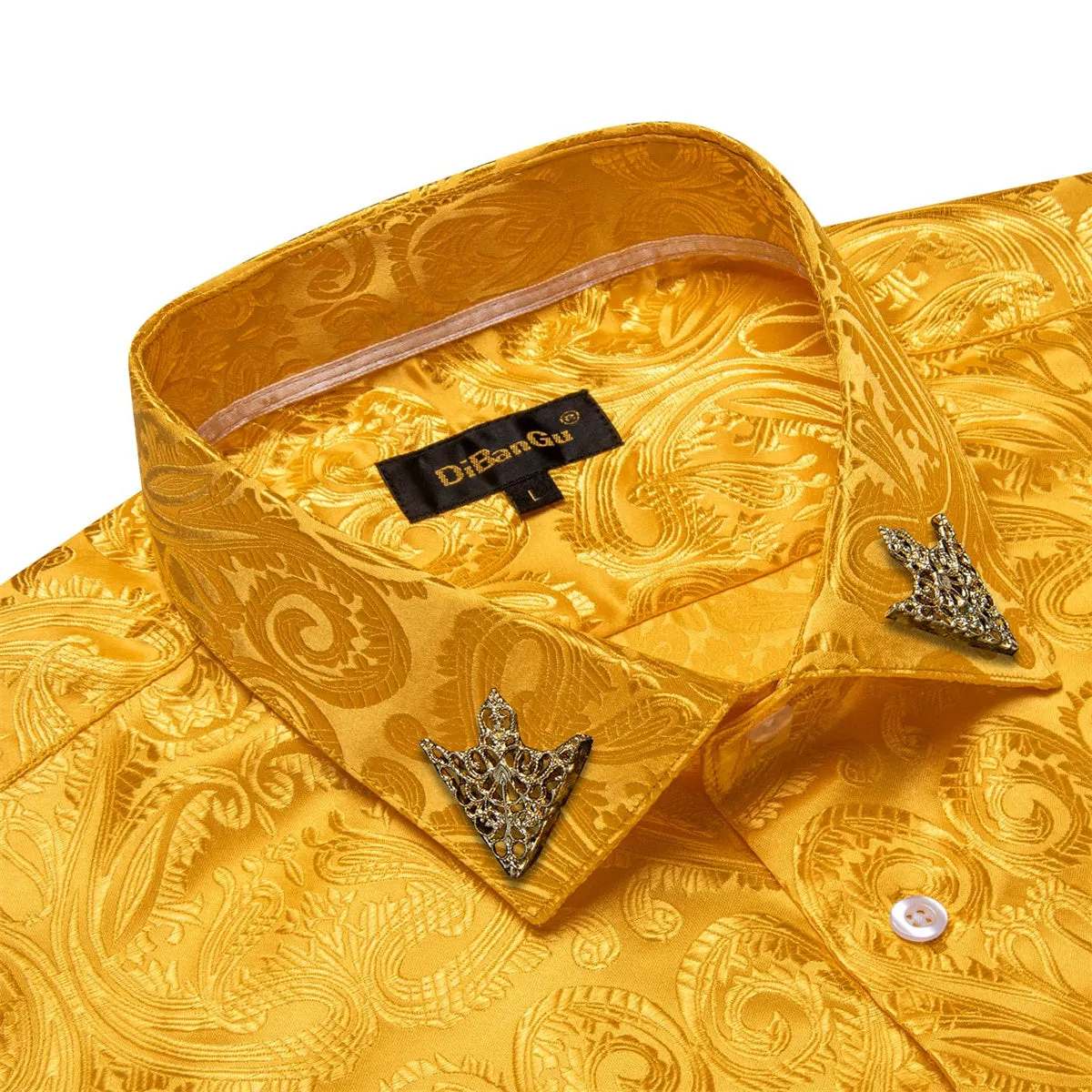 DiBanGu Shirt for Men Gamboge Orange Paisley Long Sleeve Silk Button Up Dress Work Shirt