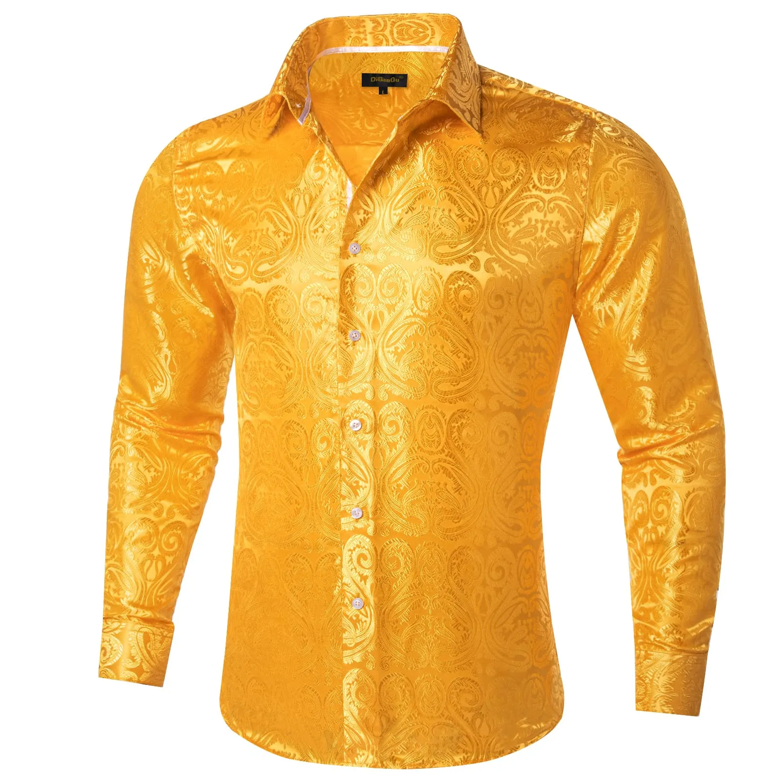 DiBanGu Shirt for Men Gamboge Orange Paisley Long Sleeve Silk Button Up Dress Work Shirt