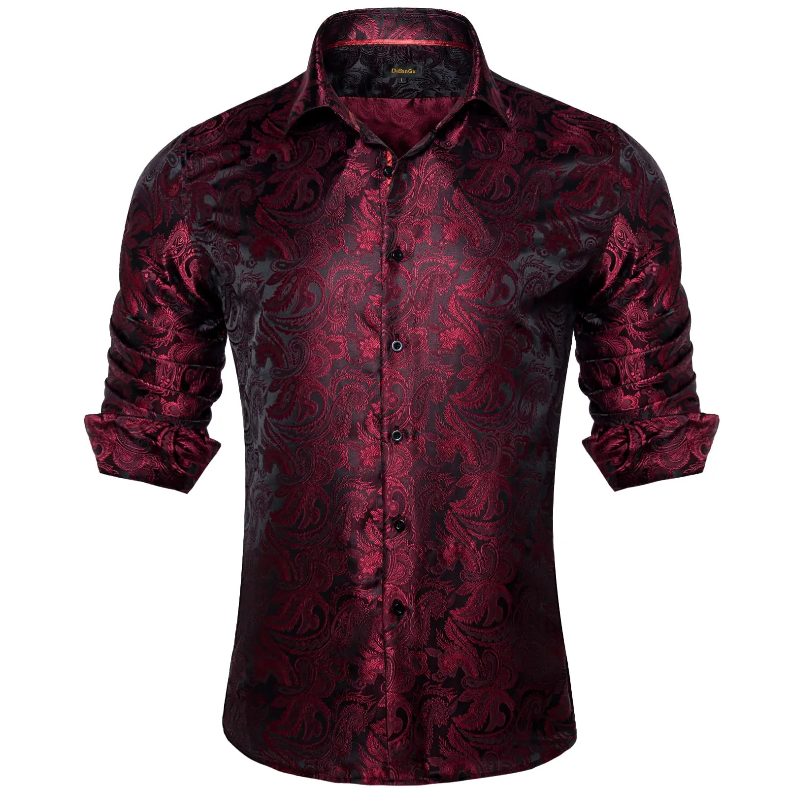 DiBanGu Tuxedo Shirt Maroon Red Paisley Silk Button Down Men's Long Sleeve Dress Shirt