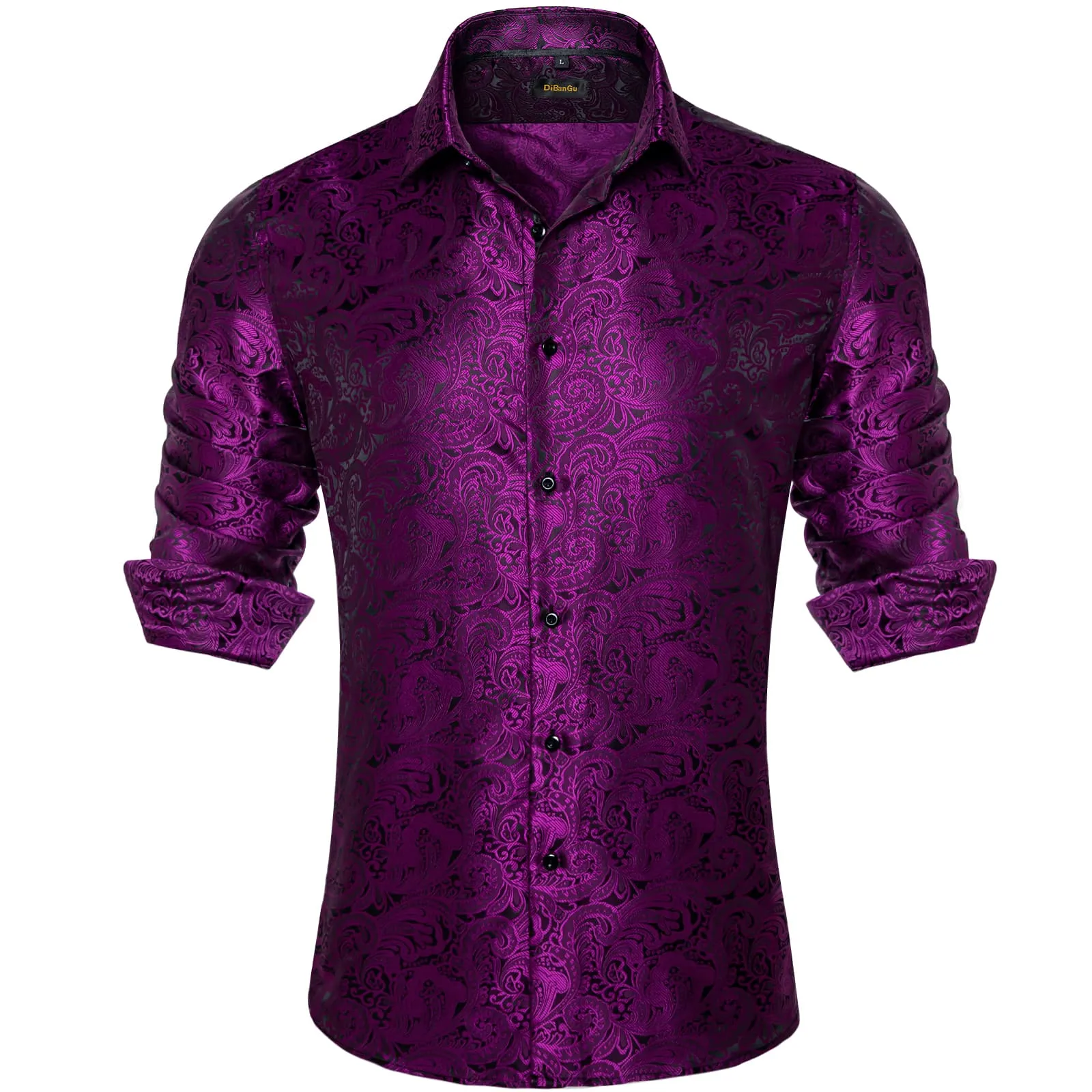 DiBanGu Tuxedo Shirt Maroon Red Paisley Silk Button Down Men's Long Sleeve Dress Shirt