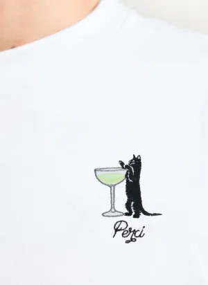 Drinking Cat Oversized T Shirt | Embroidered Organic Cotton | White