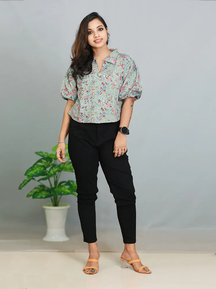 Elegant Breeze: Women's Chiffon Short Top with Round Neck and Puff Sleeves - Only ₹279!