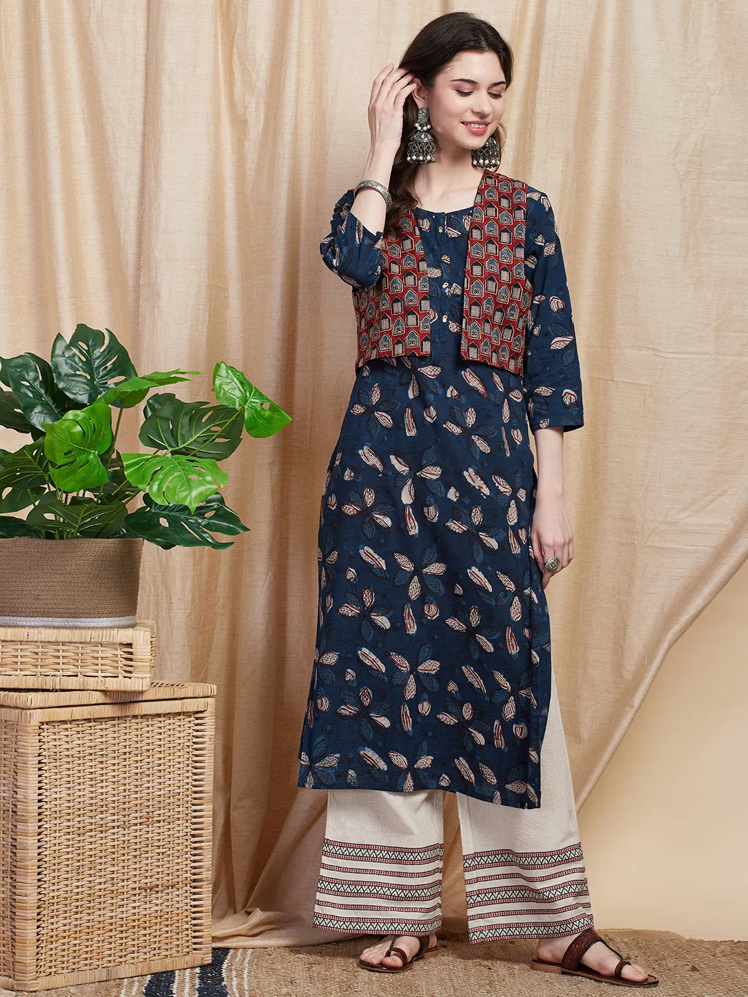 Ethnic Floral Printed Straight Kurta with Ajrakh Printed Jacket - Blue