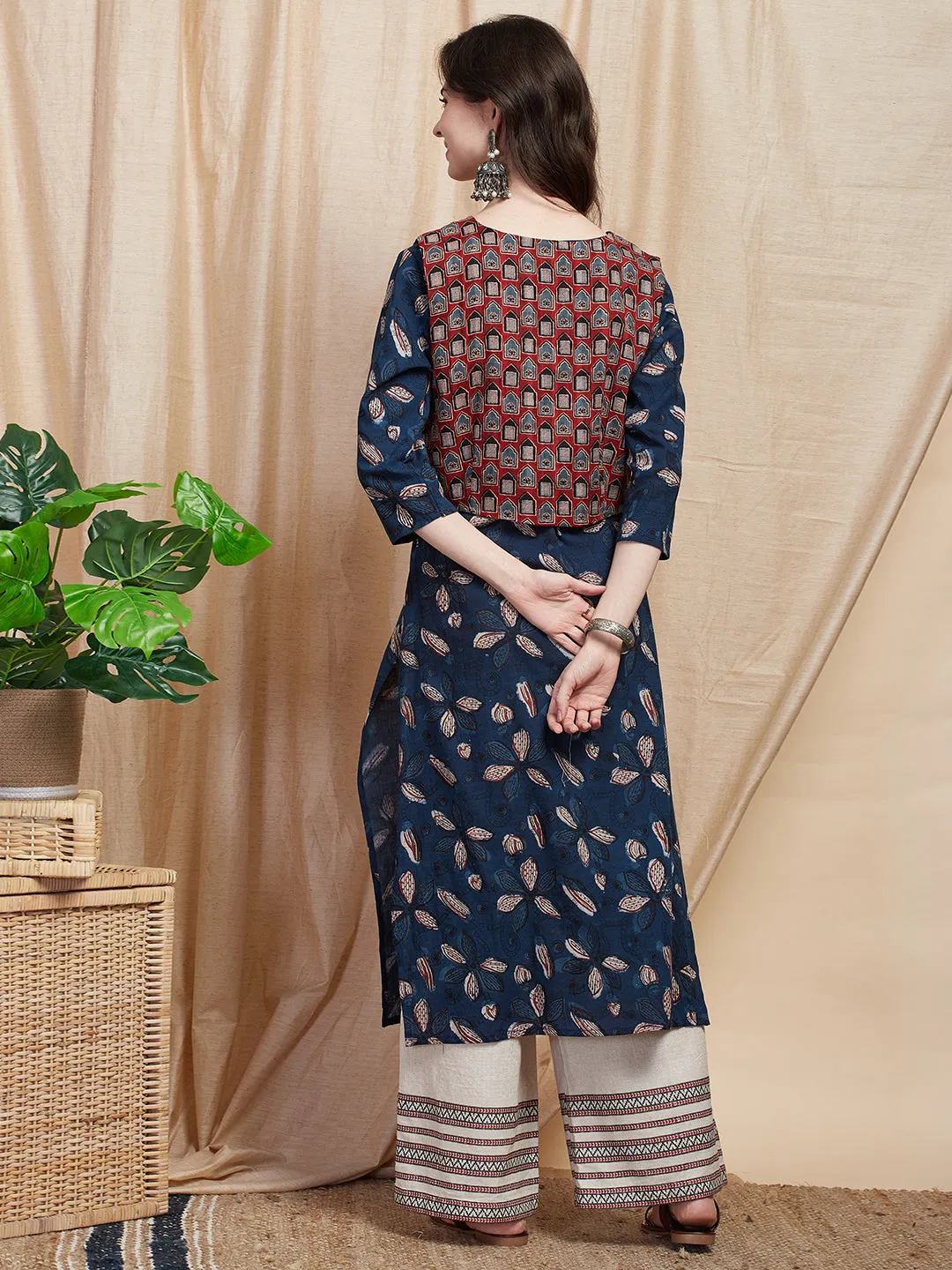 Ethnic Floral Printed Straight Kurta with Ajrakh Printed Jacket - Blue