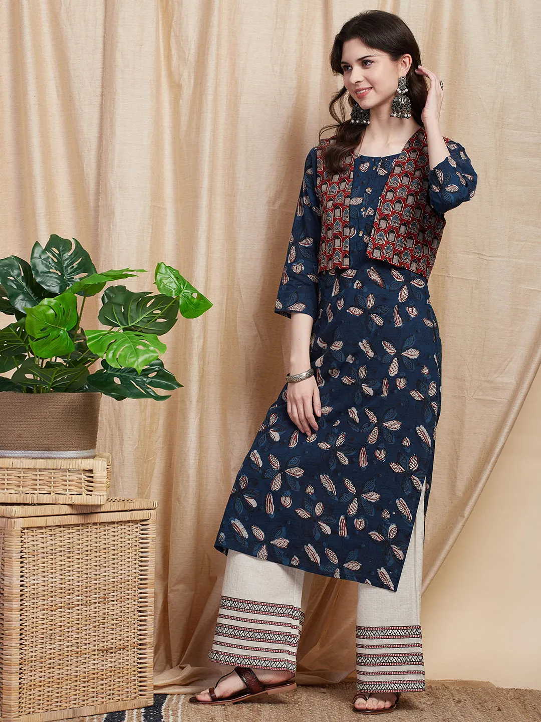 Ethnic Floral Printed Straight Kurta with Ajrakh Printed Jacket - Blue