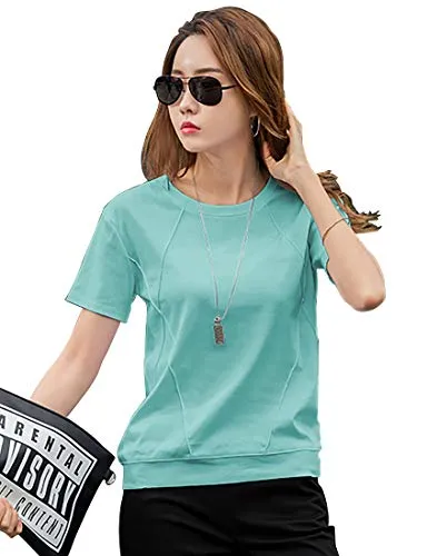 EYEBOGLER Womens Cotton Blend Round Neck Half Sleeve Solid Casual Tshirt