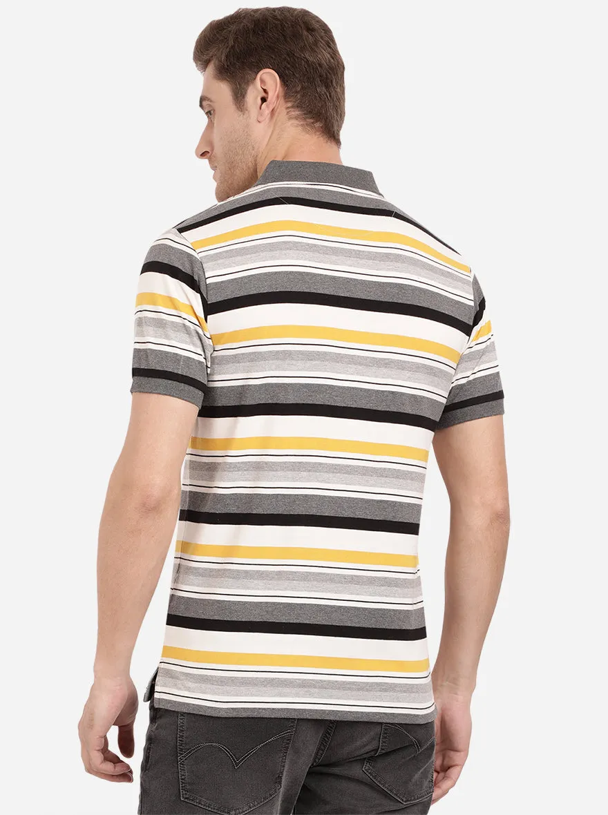 Light Mustard & Grey Striped Slim Fit Polo T-Shirt | Greenfibre