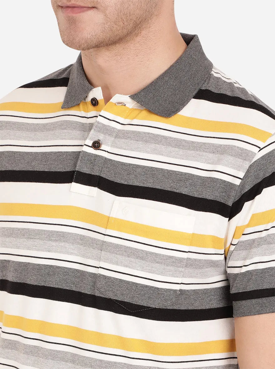 Light Mustard & Grey Striped Slim Fit Polo T-Shirt | Greenfibre