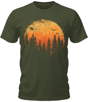 Mens Forest Sunset Shirt Woodland Outdoor Camping Short Sleeve Premium Funny Graphic Tees