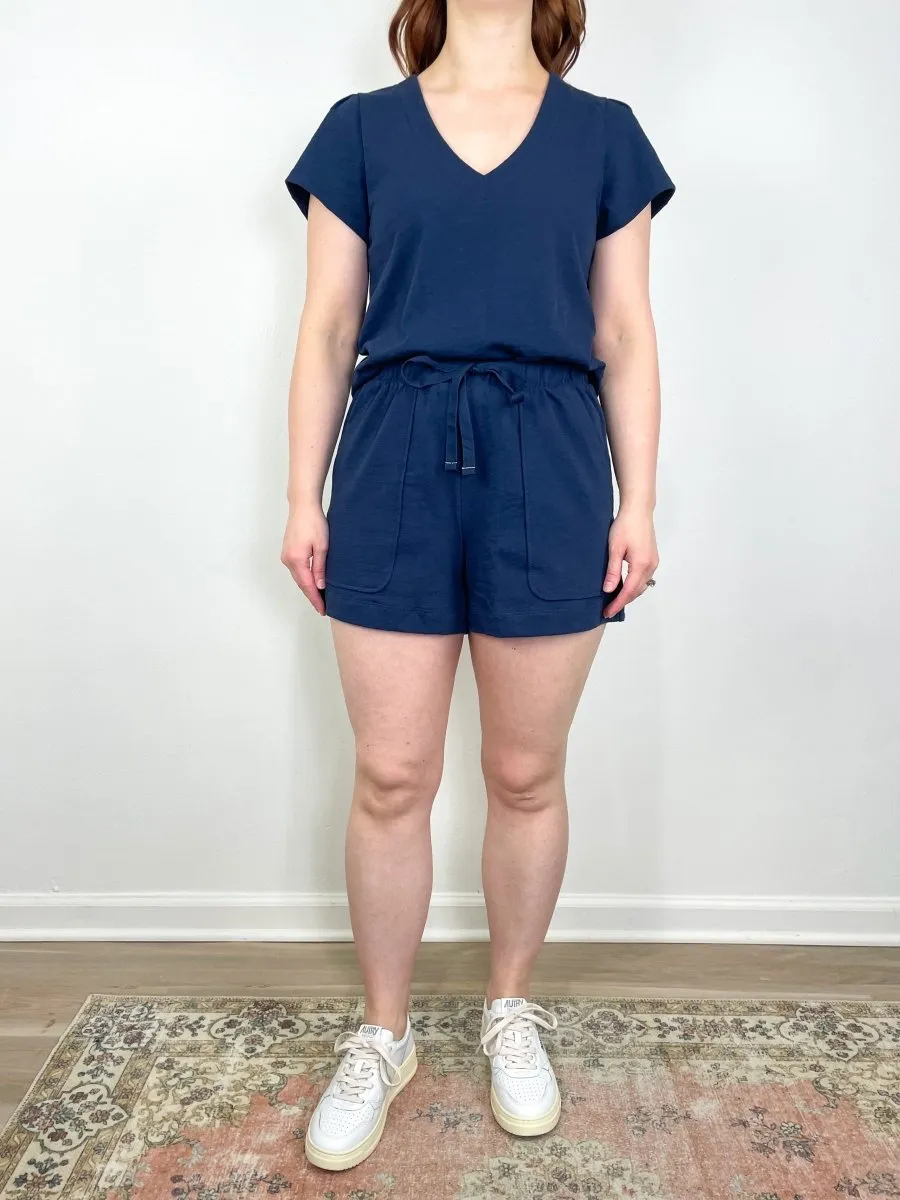 Pleated Cap Sleeve V-Neck in Navy