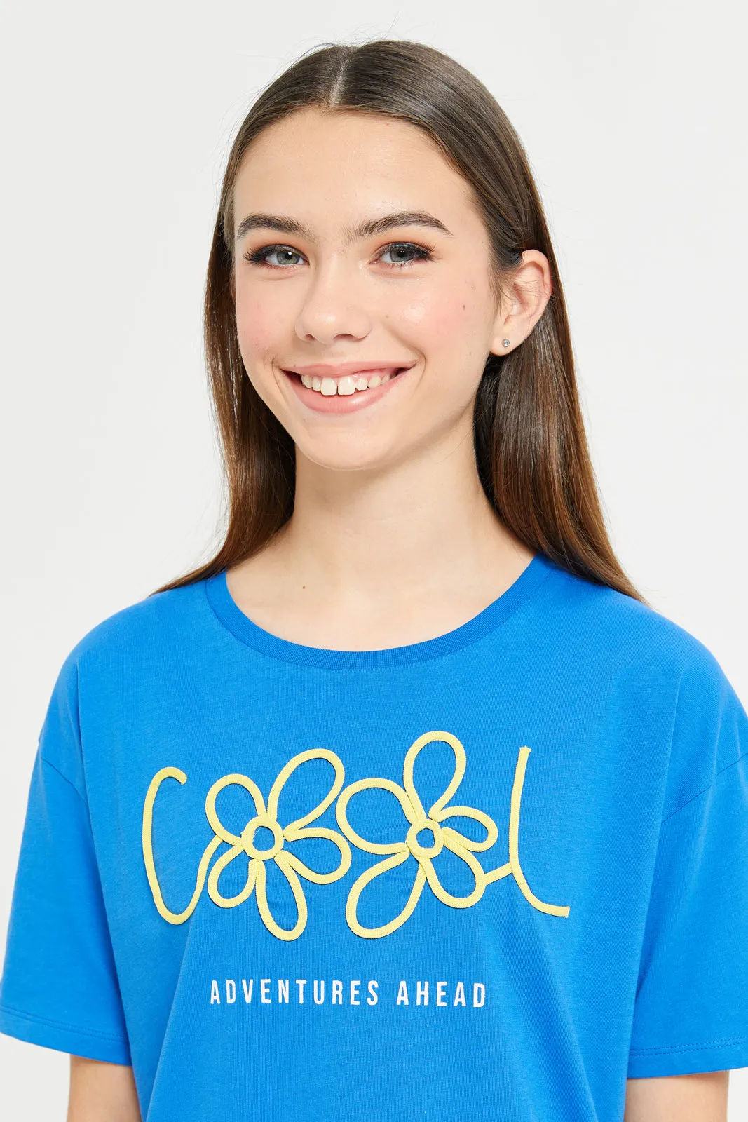 Senor Girls Blue Oversize Embellished T-Shirt