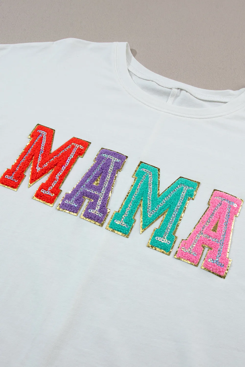 White "MAMA" Chenille T Shirt