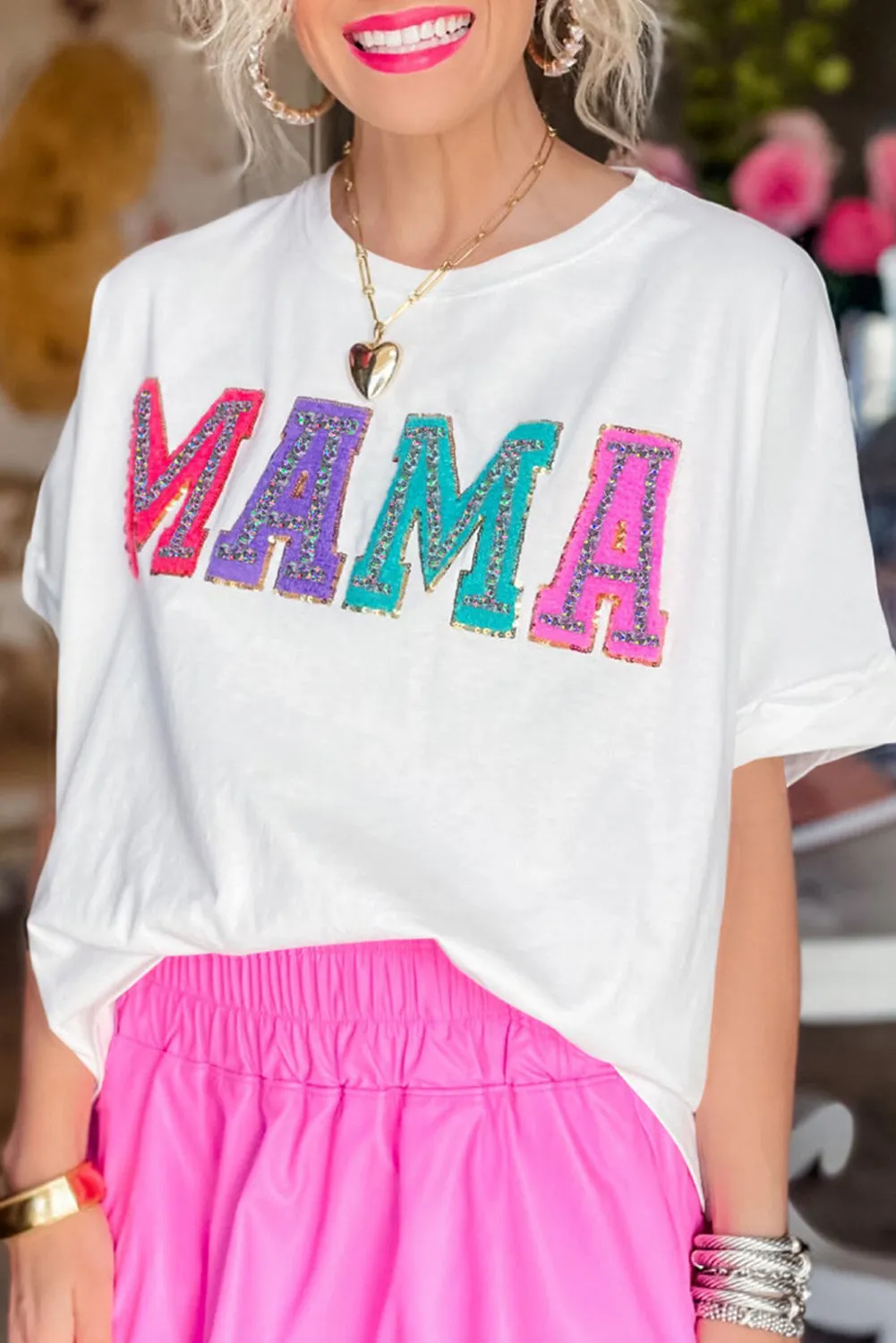 White "MAMA" Chenille T Shirt