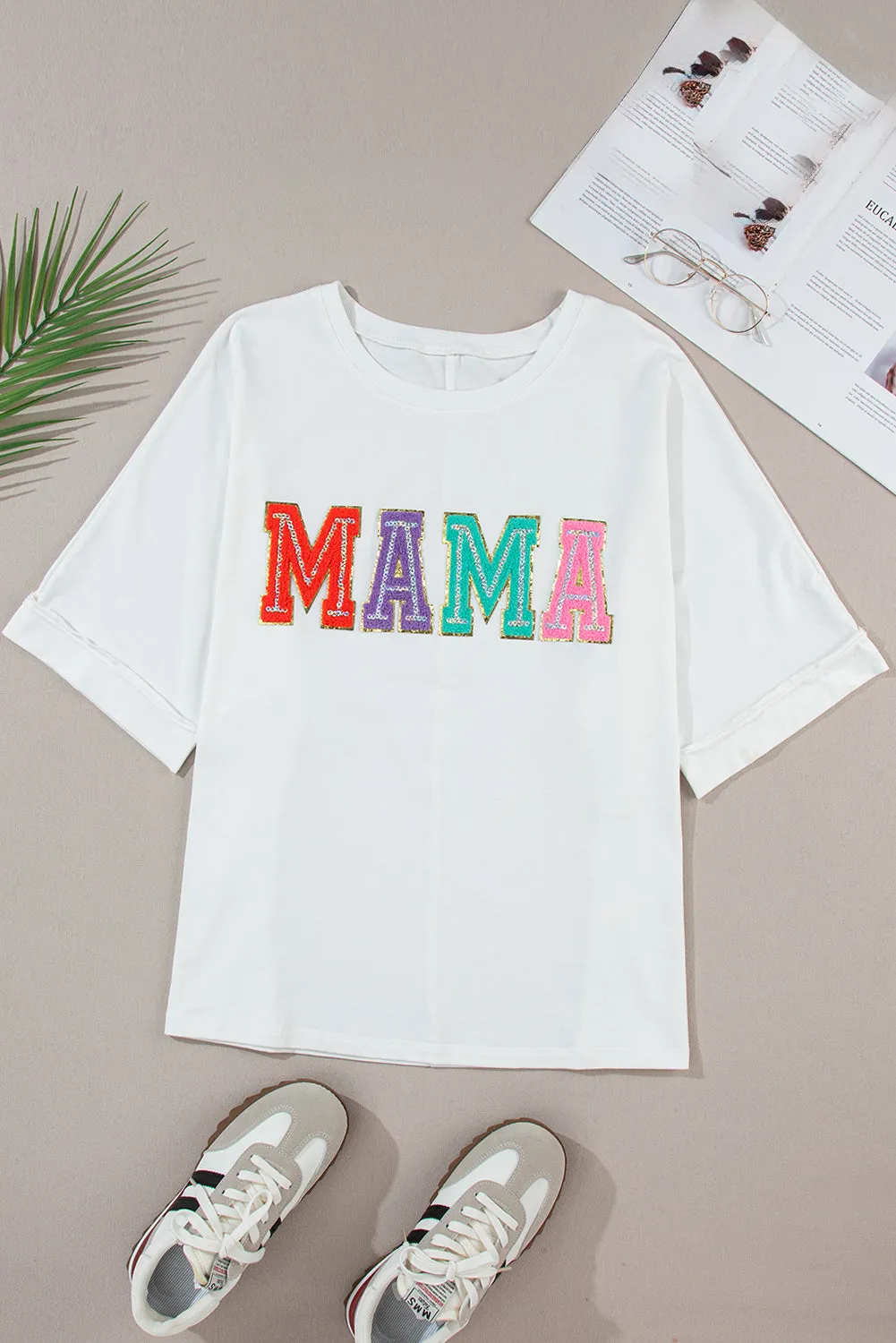 White "MAMA" Chenille T Shirt