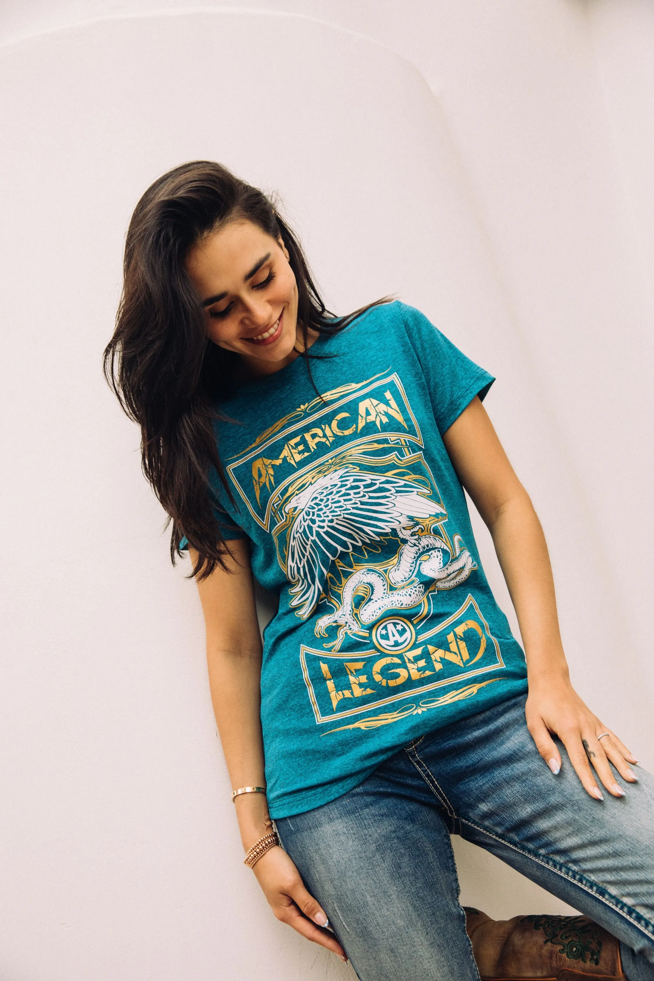 Women's Cotton American Legend Graphic Print Blue T-shirt