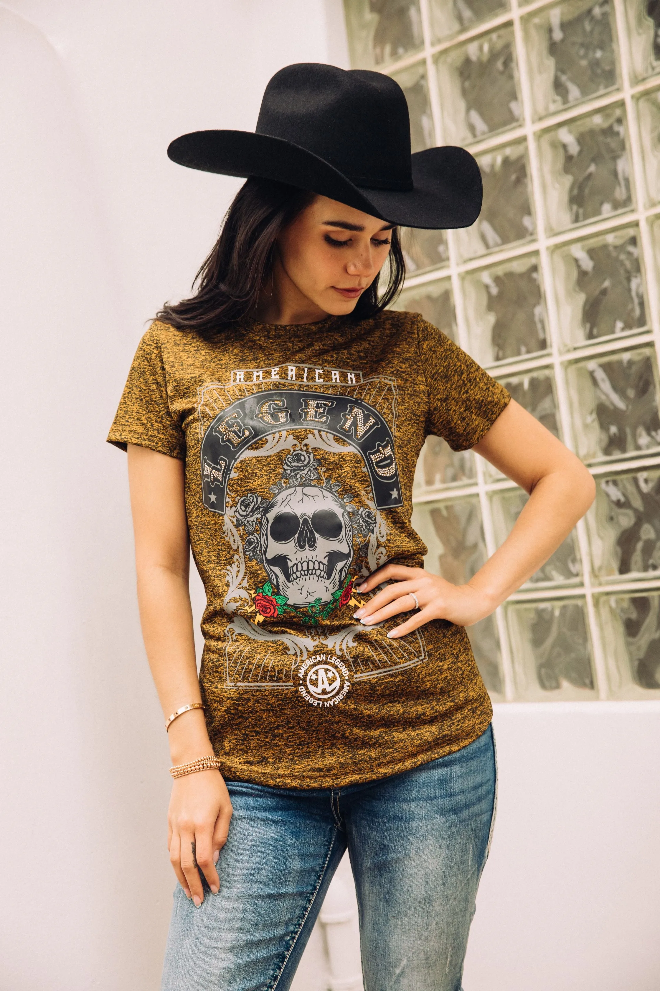 Women's Cotton American Legend Graphic Print Gold T-shirt