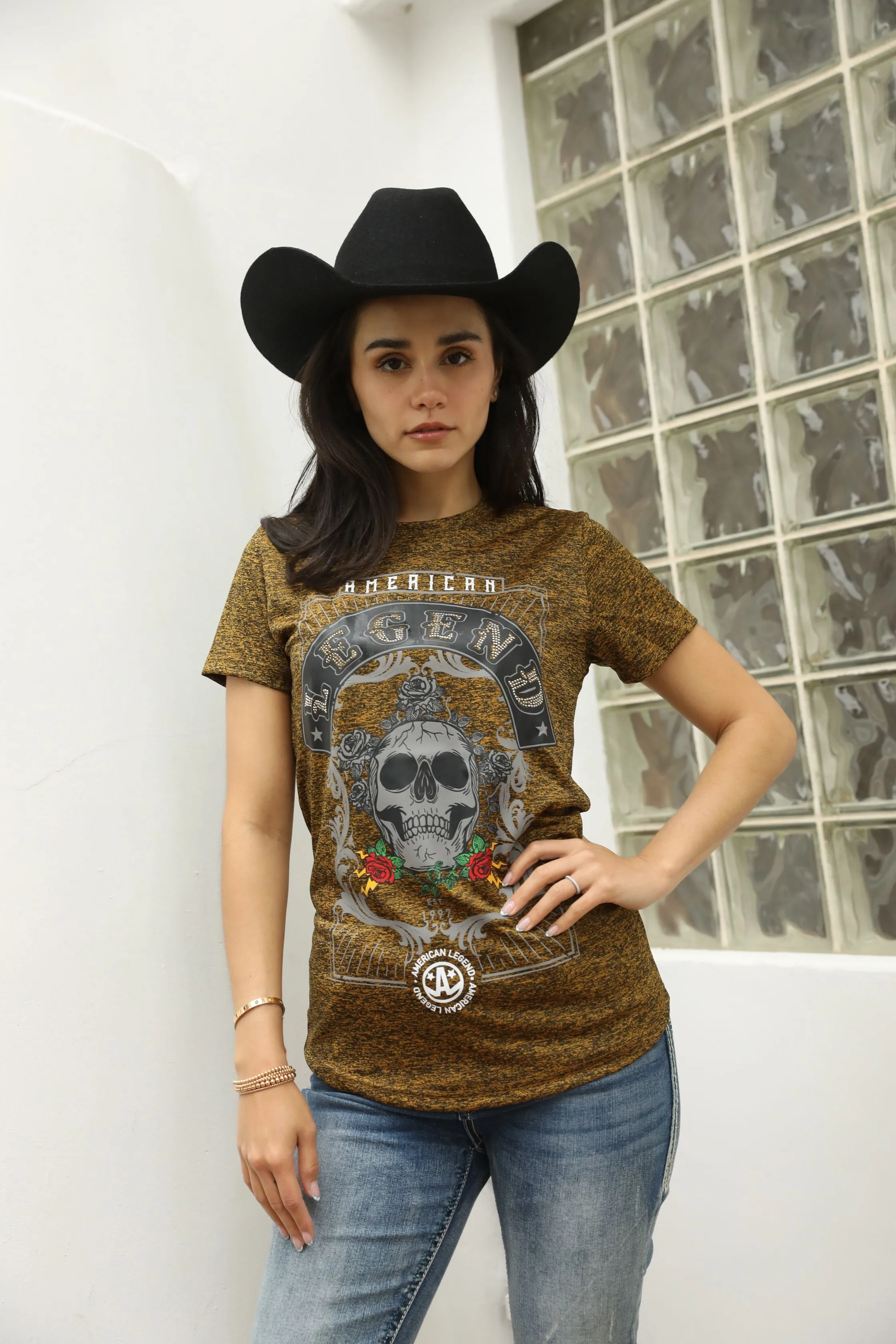 Women's Cotton American Legend Graphic Print Gold T-shirt