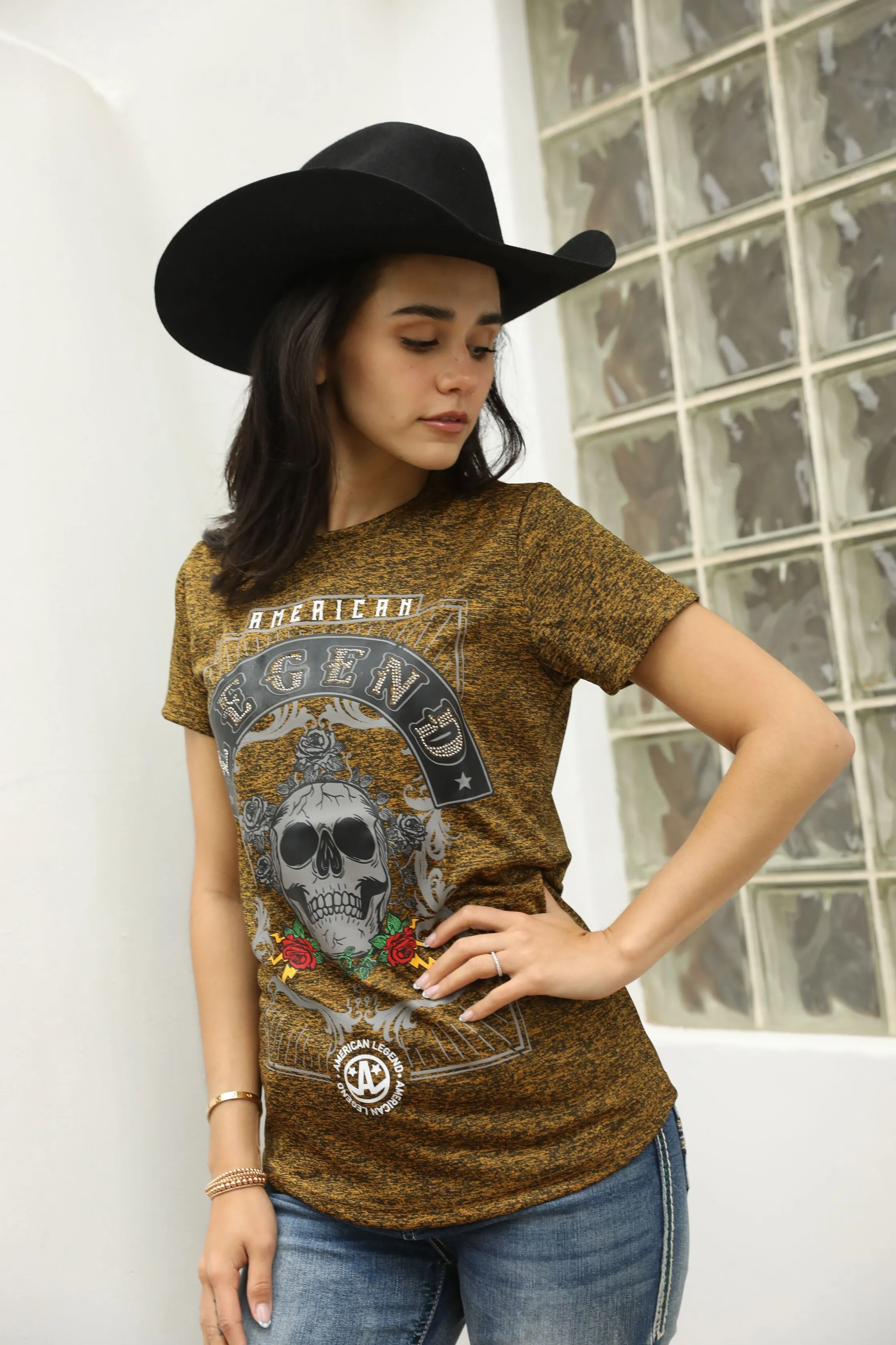 Women's Cotton American Legend Graphic Print Gold T-shirt