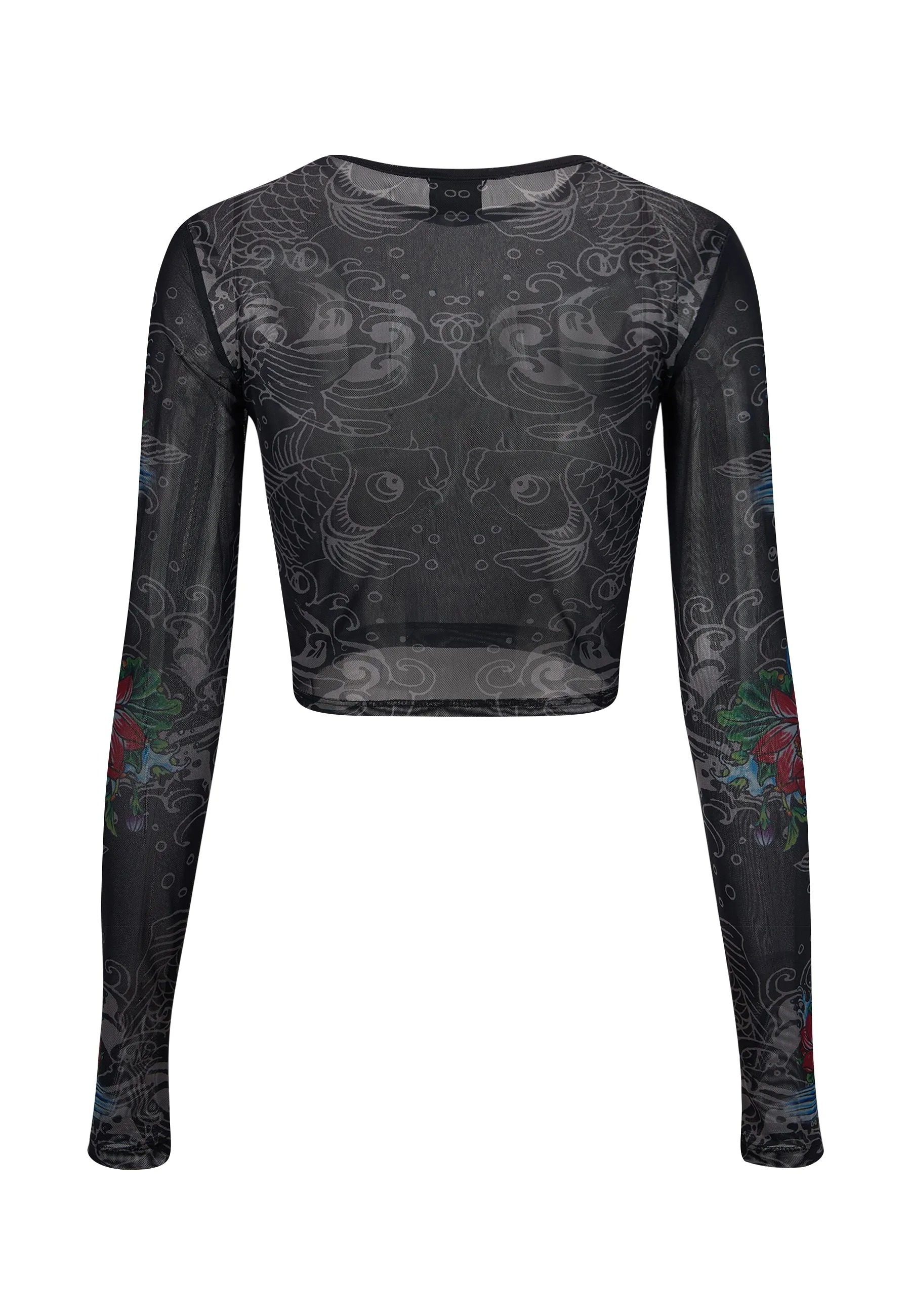 Womens Koi Paradise Mesh Long sleeve T-Shirt - Black