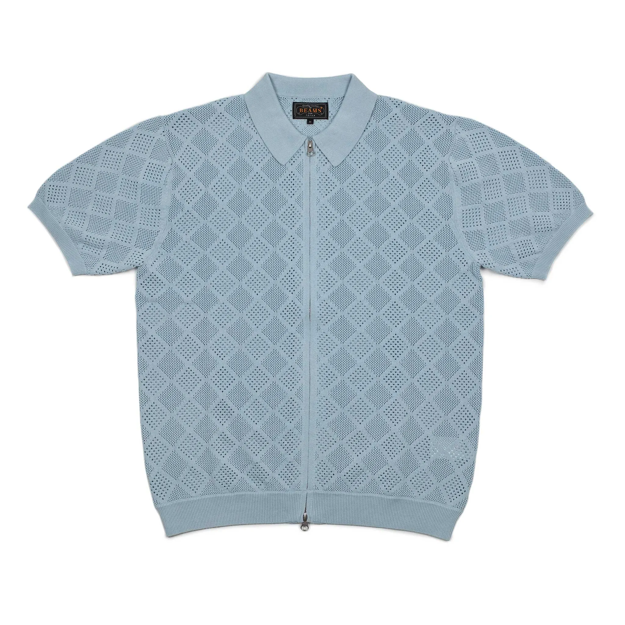 Zip knit polo in sax blue mesh patterned cotton